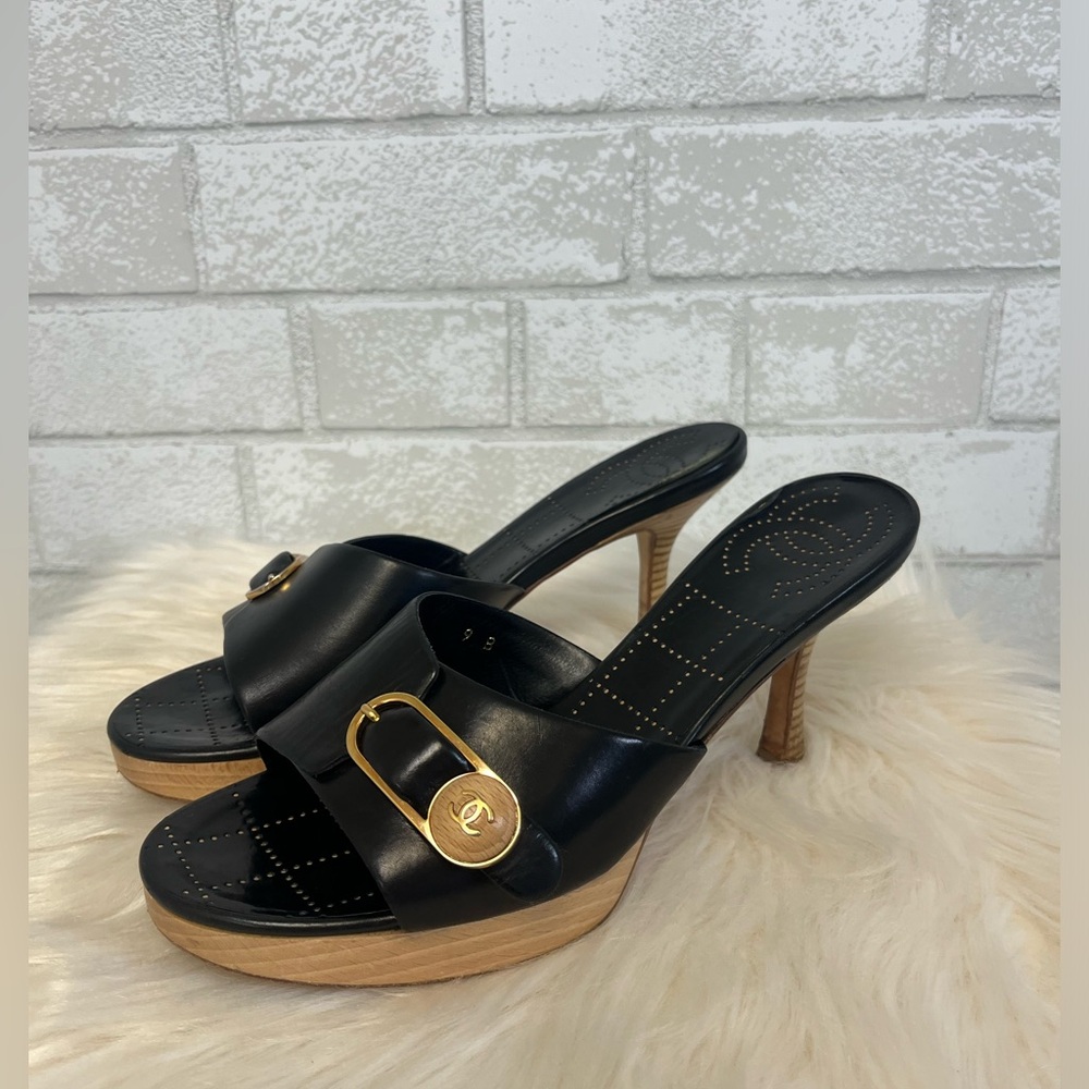 Chanel Vintage Black Leather Mules Slip Ons Size 39